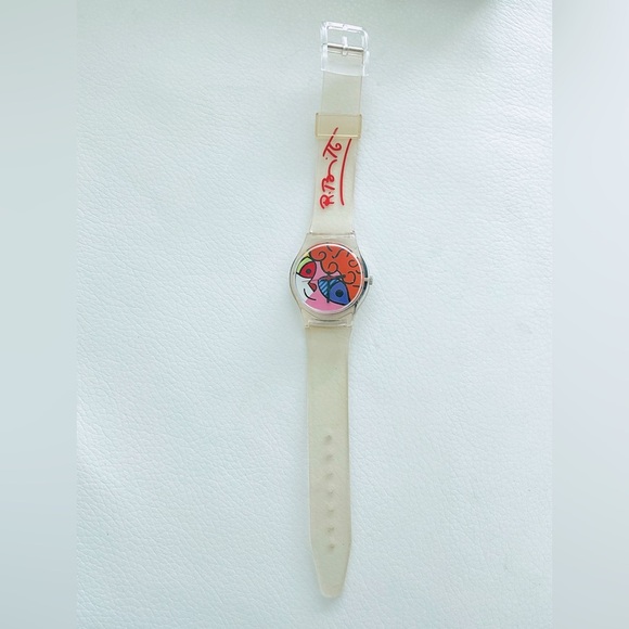 ROMERO BRITTO WATCH ~ Dog Fish Cat Pop Art Design on Face Signed Clear B… - Picture 3 of 4